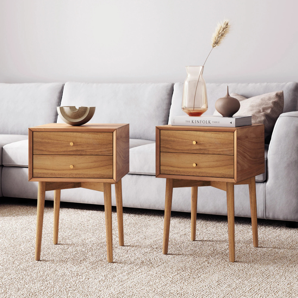 Alder | Mid-Century Modern Acaciahouten Nachtkastje En Einde Tafel