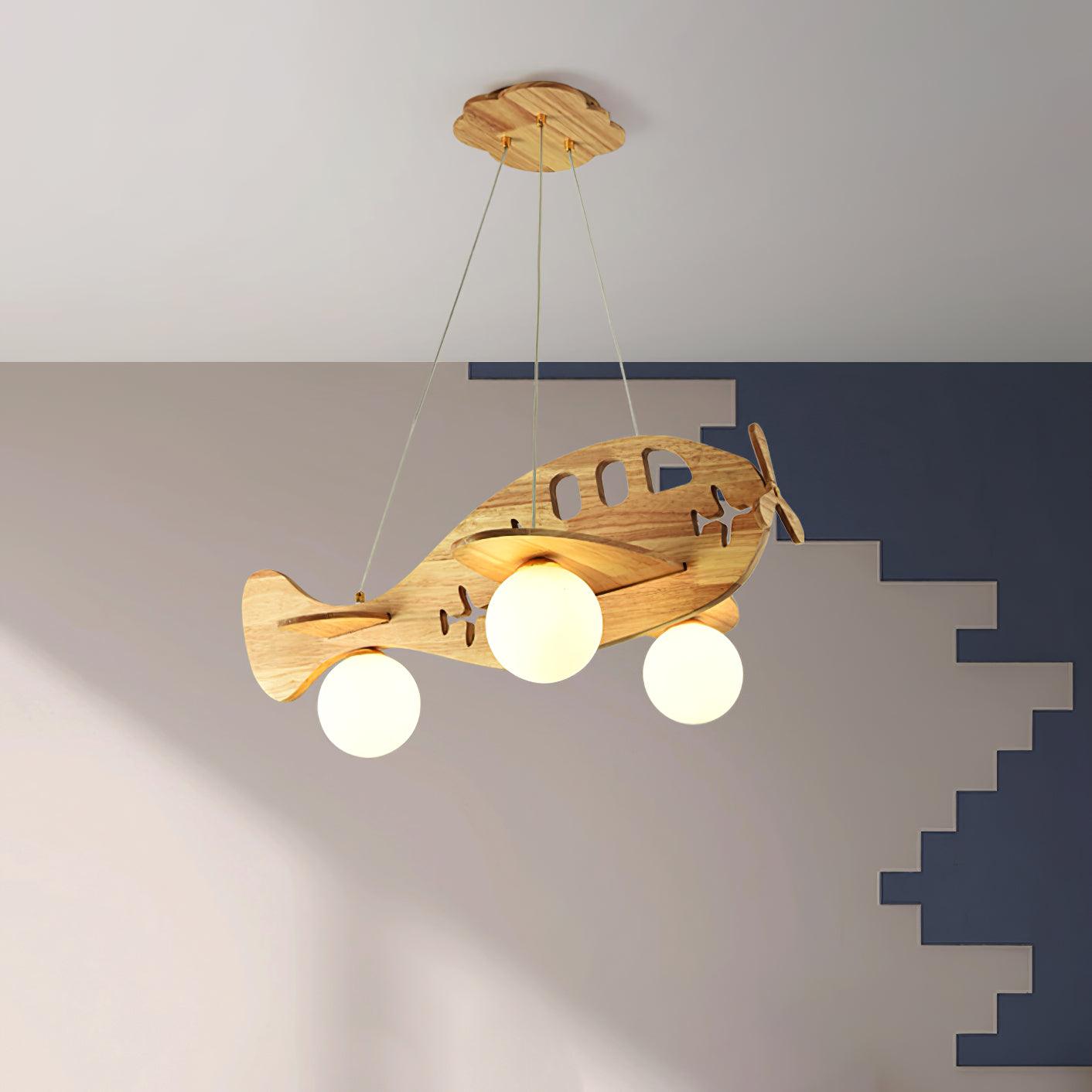 Tethelis | Vliegtuigvormige Houten Kunstzinnige Glas Globe Hanglamp