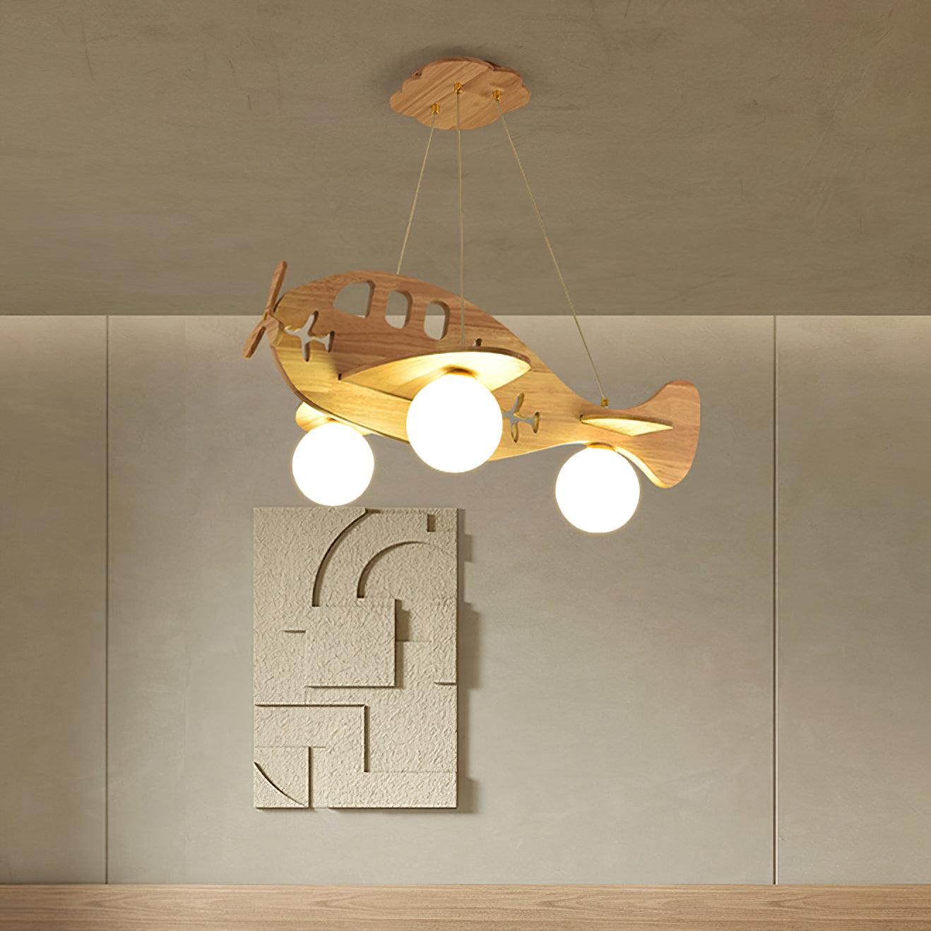 Tethelis | Vliegtuigvormige Houten Kunstzinnige Glas Globe Hanglamp