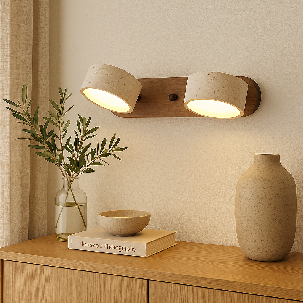 Calcera | Moderne Natuurlijke Travertijn Steen En Houten Wandlamp