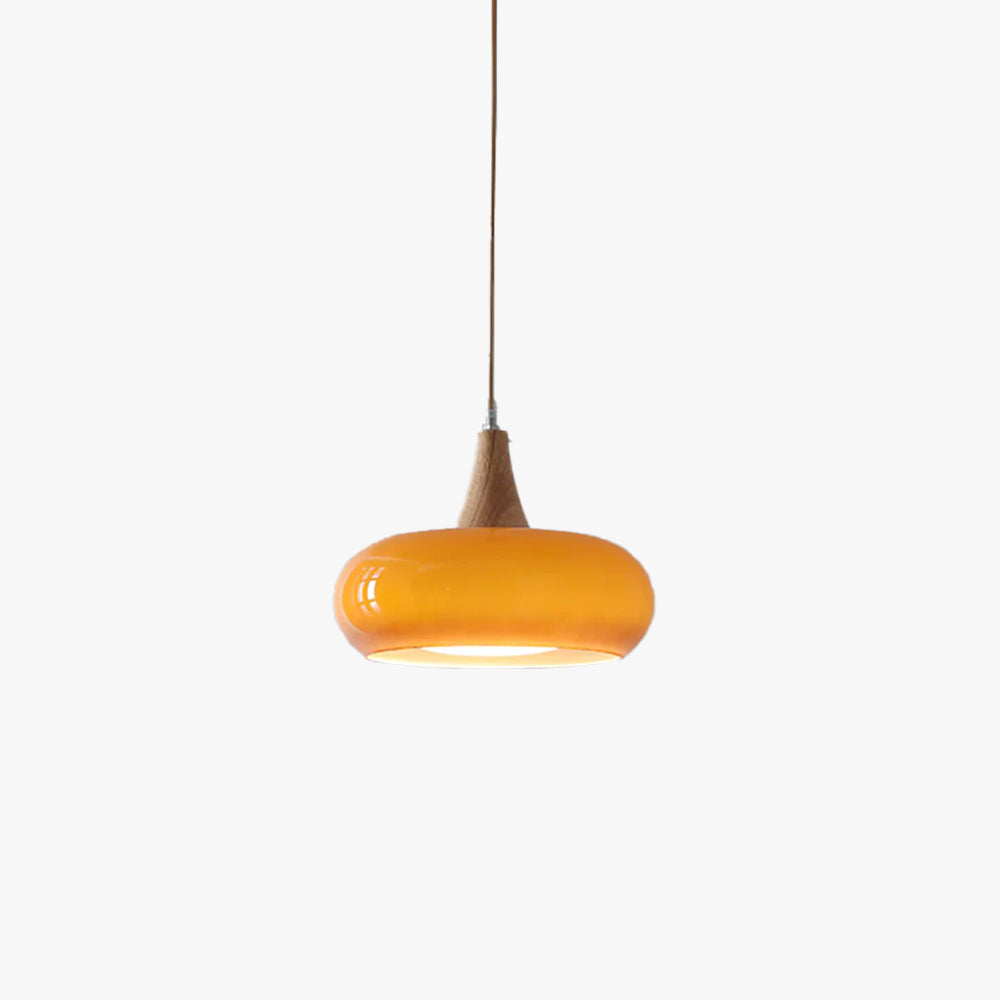 Charlotte | Midden Eeuw Houten en Amber Glas Hanglamp