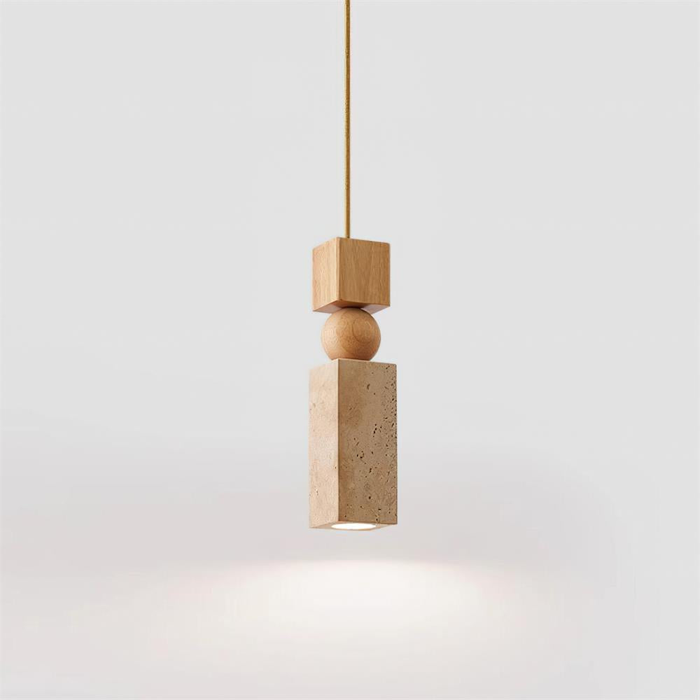 Elvara | Minimalistische Noordse Travertijn Houten Kolom Hanglamp