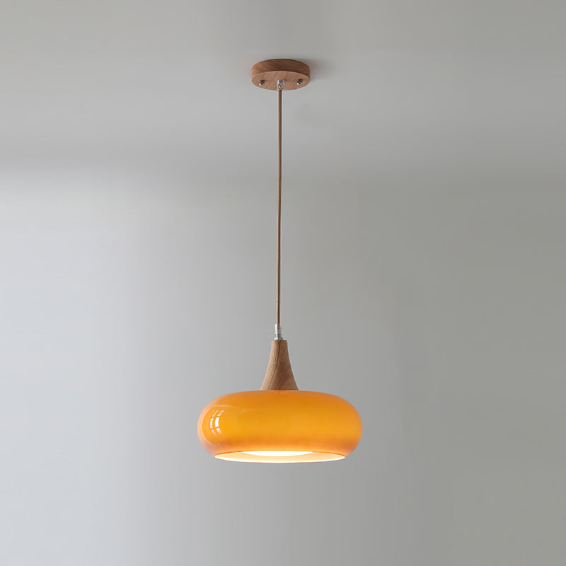 Charlotte | Midden Eeuw Houten en Amber Glas Hanglamp