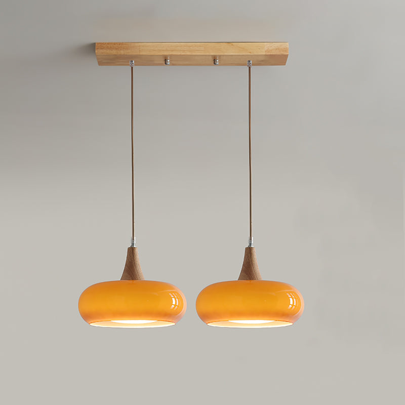 Charlotte | Midden Eeuw Houten en Amber Glas Hanglamp