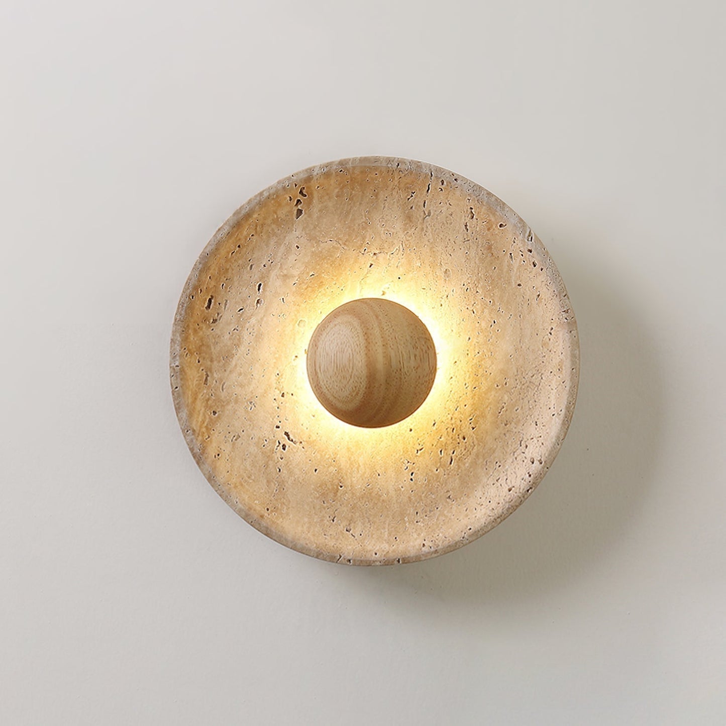 Solvintra | Sculpturale Travertijn Halo Steen Houten Wandlamp