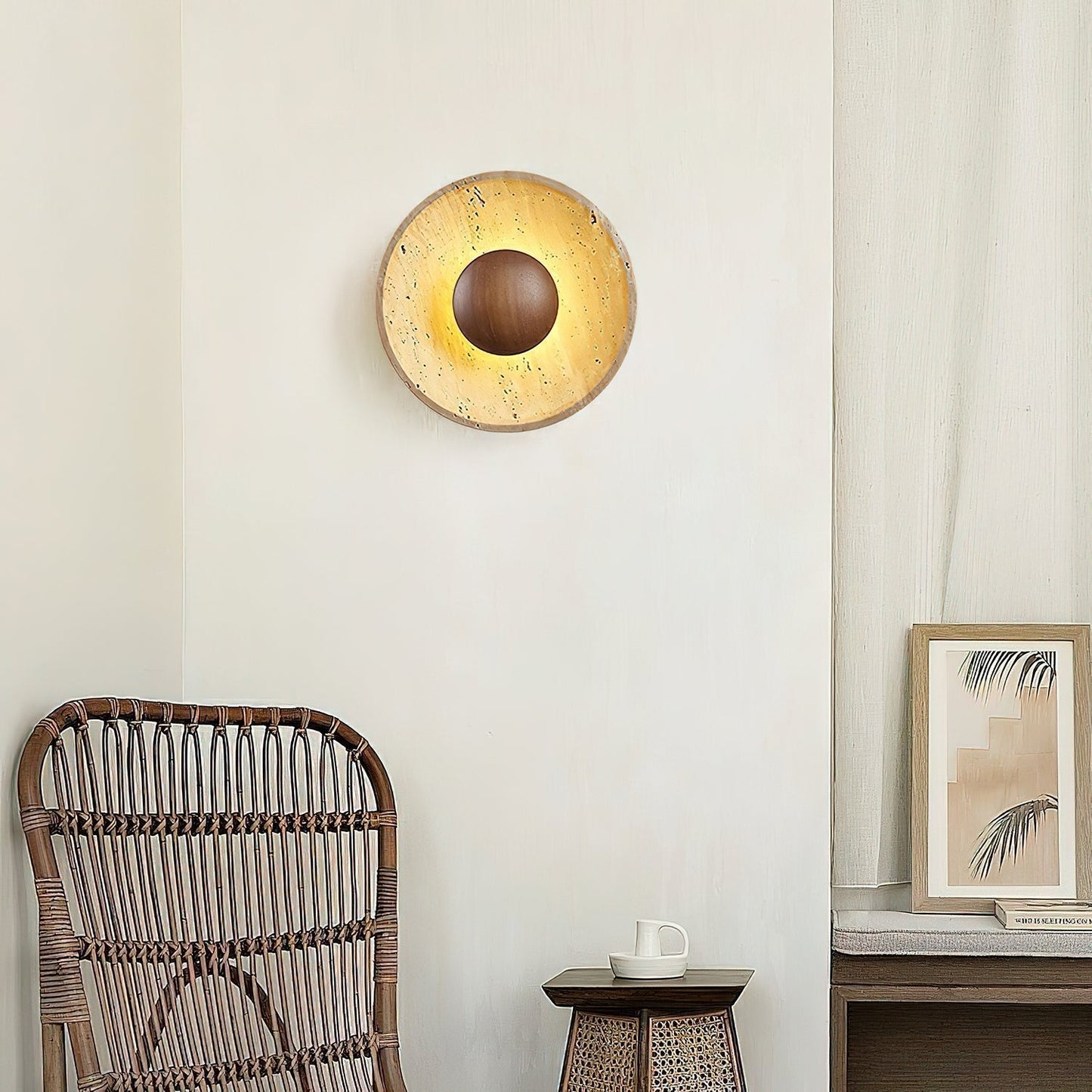 Solvintra | Sculpturale Travertijn Halo Steen Houten Wandlamp