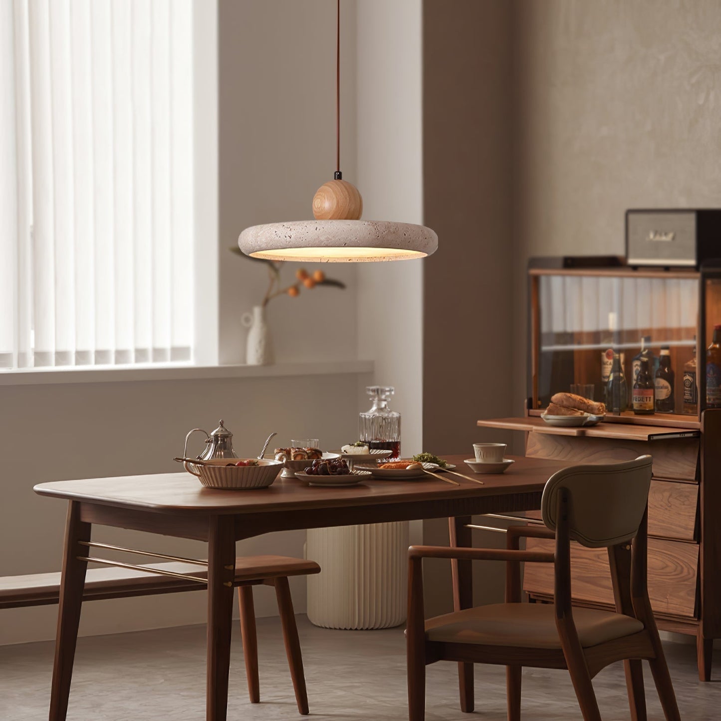 Aethell | Moderne Circulaire Travertijn Steen En Houten Hanglamp