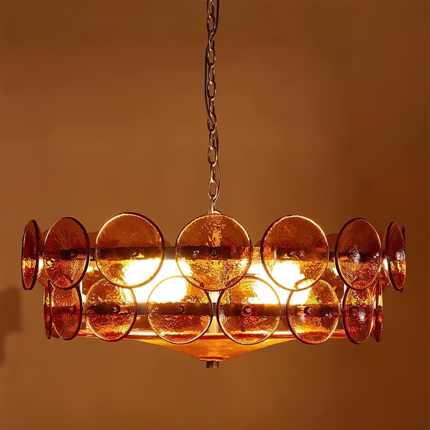 Karys | Elegante Laagjes Ronde Amber Glazen Drum Kroonluchter