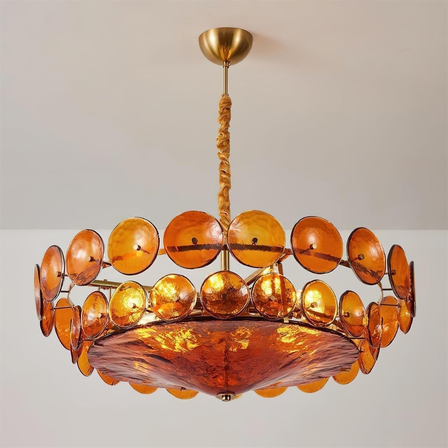 Karys | Elegante Laagjes Ronde Amber Glazen Drum Kroonluchter