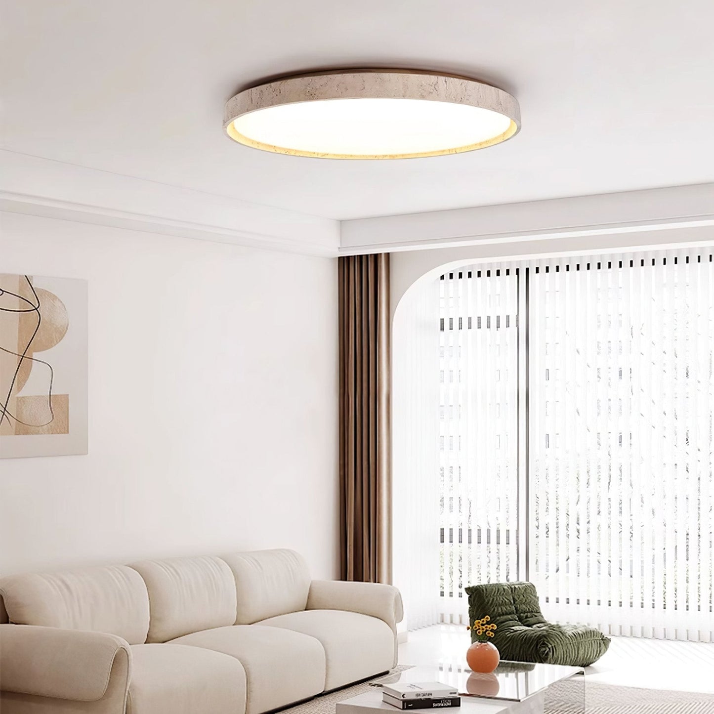 Aeristhos | Minimalistisch Handgekerfde Ronde Travertin Steen Plafondlamp