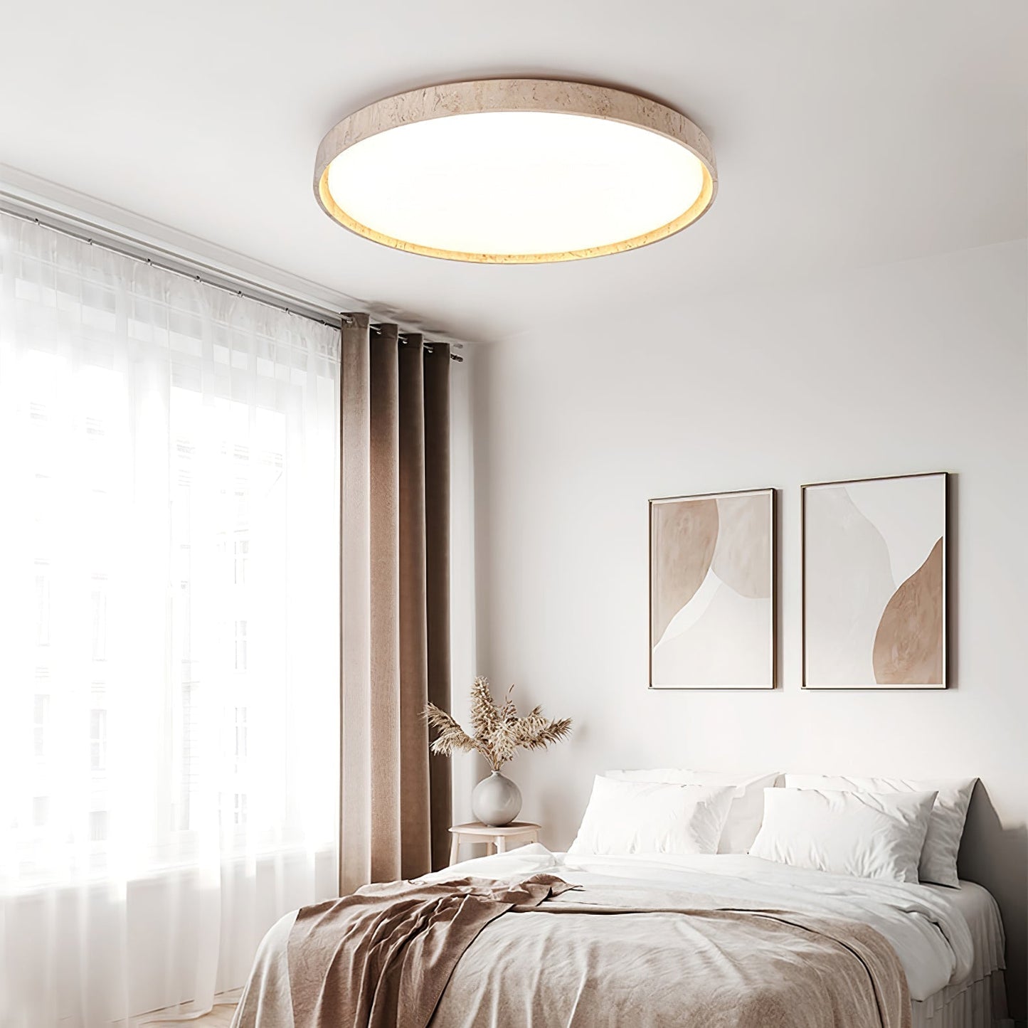Aeristhos | Minimalistisch Handgekerfde Ronde Travertin Steen Plafondlamp