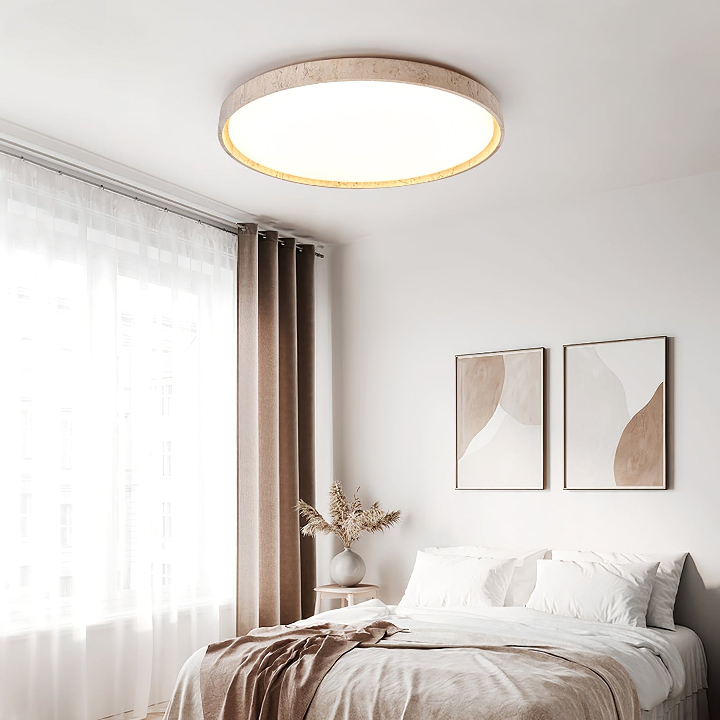 Aeristhos | Minimalistisch Handgekerfde Ronde Travertin Steen Plafondlamp