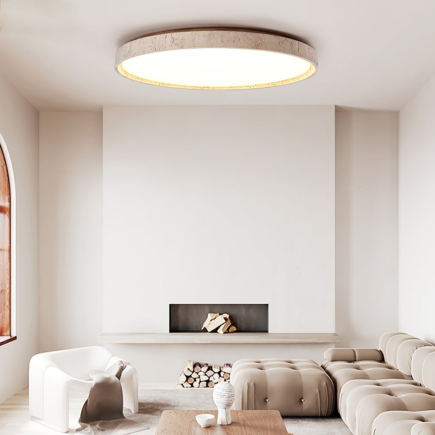 Aeristhos | Minimalistisch Handgekerfde Ronde Travertin Steen Plafondlamp