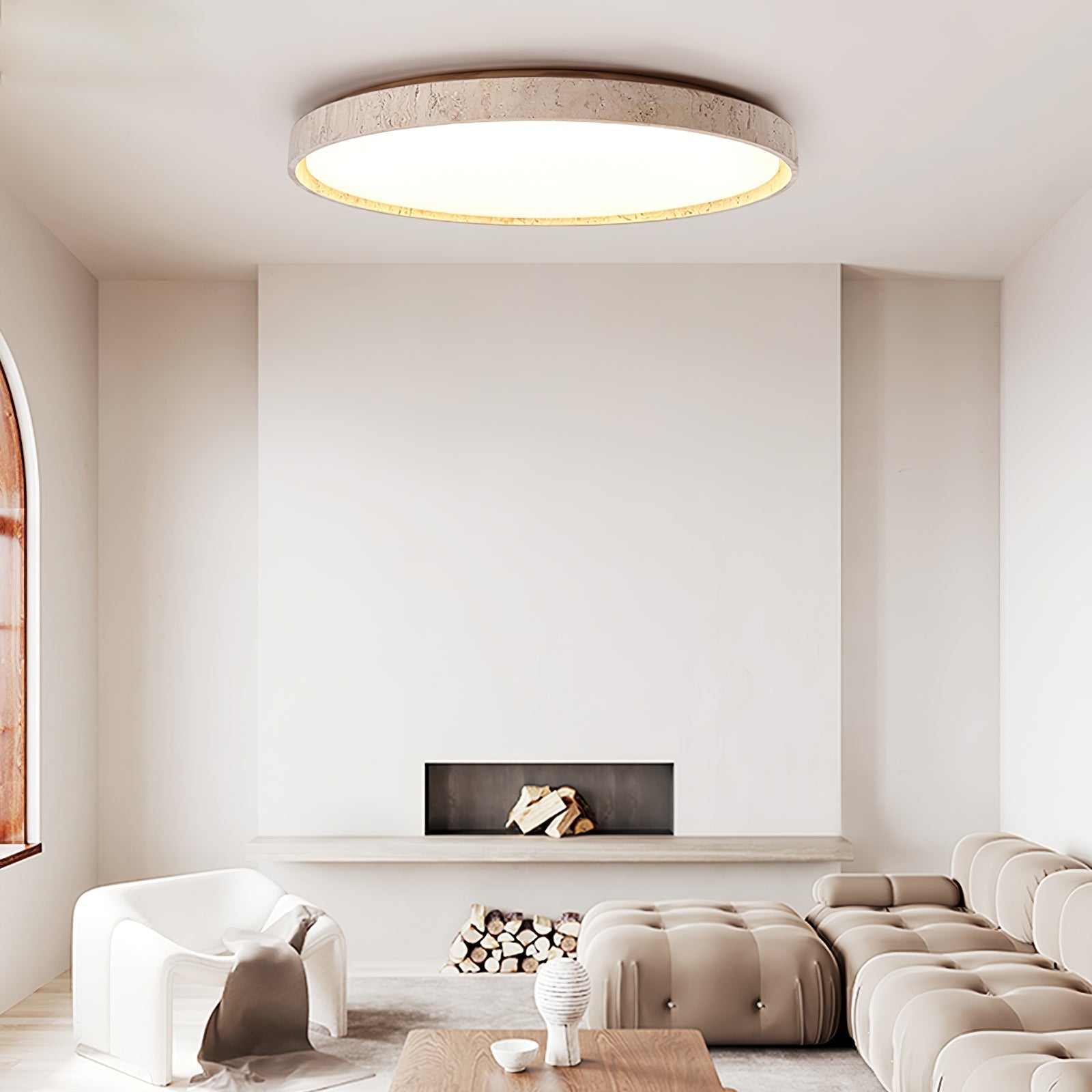 Aeristhos | Minimalistisch Handgekerfde Ronde Travertin Steen Plafondlamp
