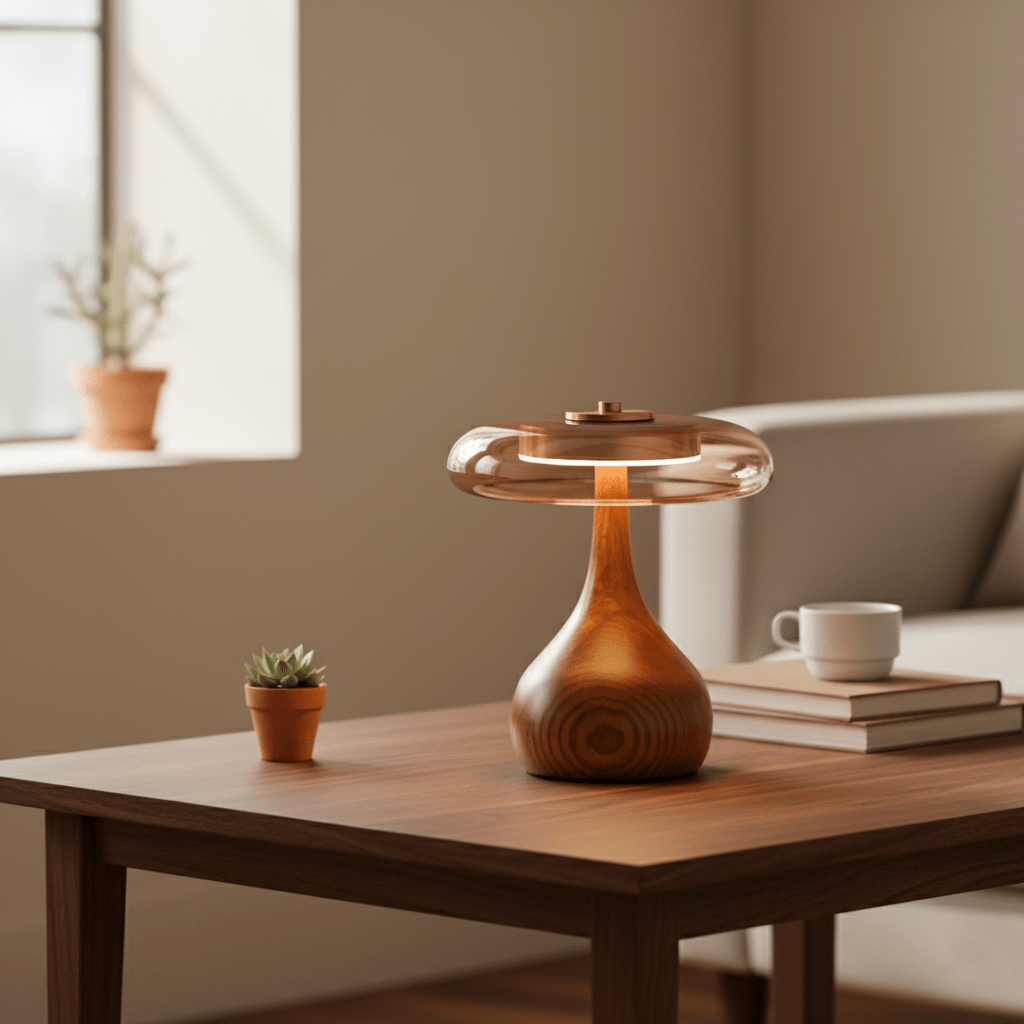 Vancorim | Japandi Gebogen Hout Amber Glas Tafellamp