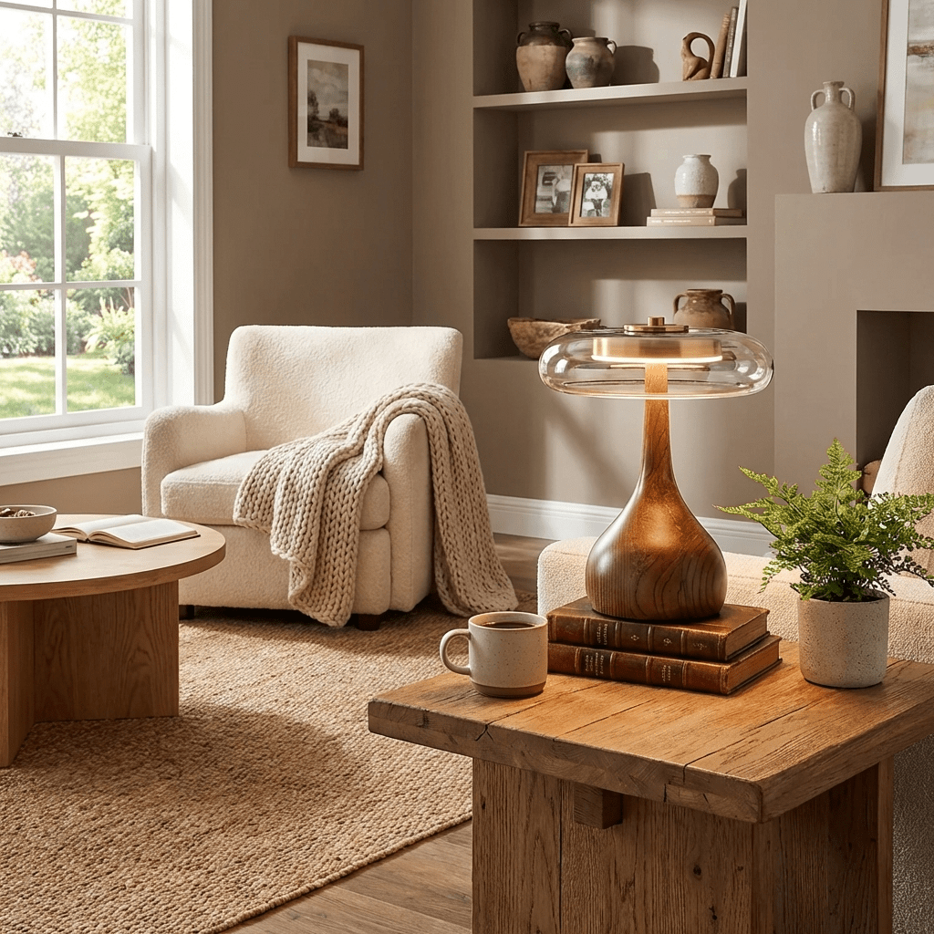 Vancorim | Japandi Gebogen Hout Amber Glas Tafellamp