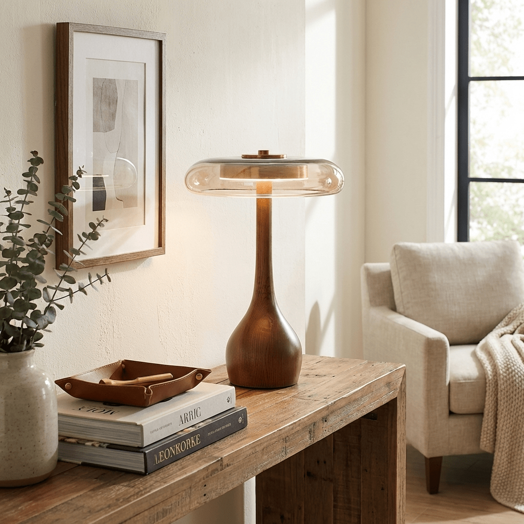 Vancorim | Japandi Gebogen Hout Amber Glas Tafellamp