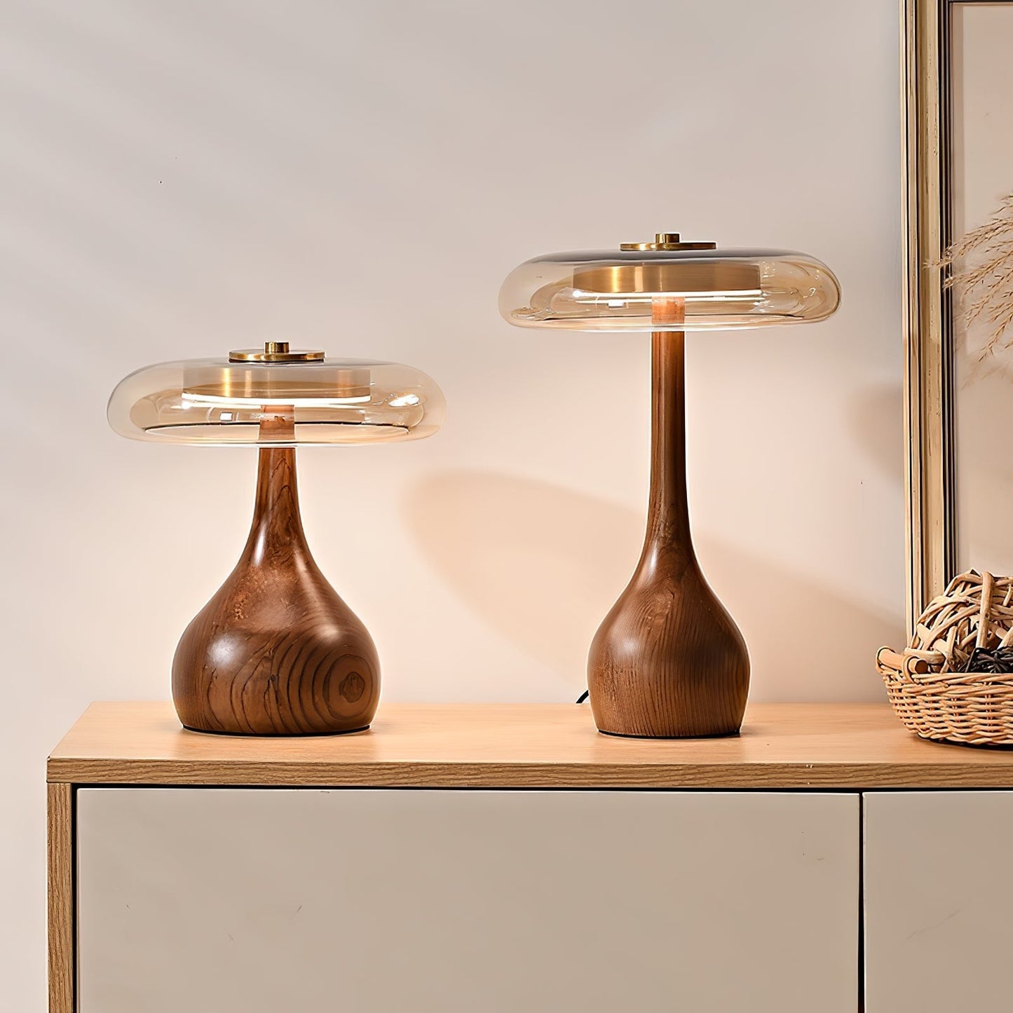Vancorim | Japandi Gebogen Hout Amber Glas Tafellamp