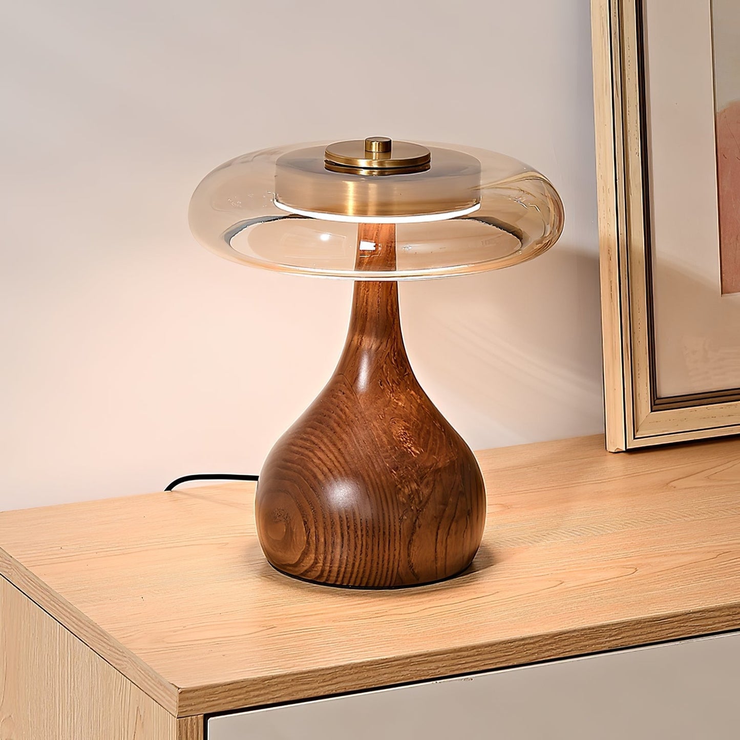 Vancorim | Japandi Gebogen Hout Amber Glas Tafellamp