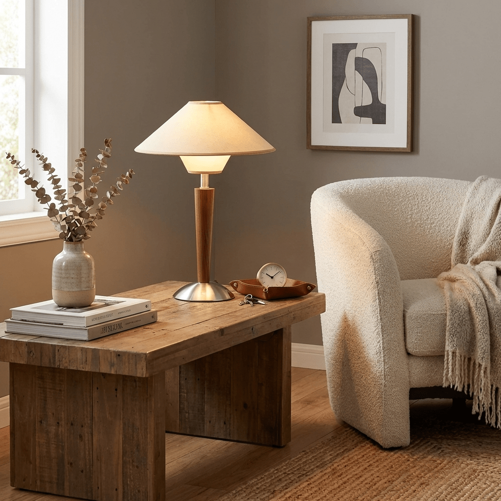 Zymorica | Midcentury Moderne Notenhouten Kolom Accent Tafellamp