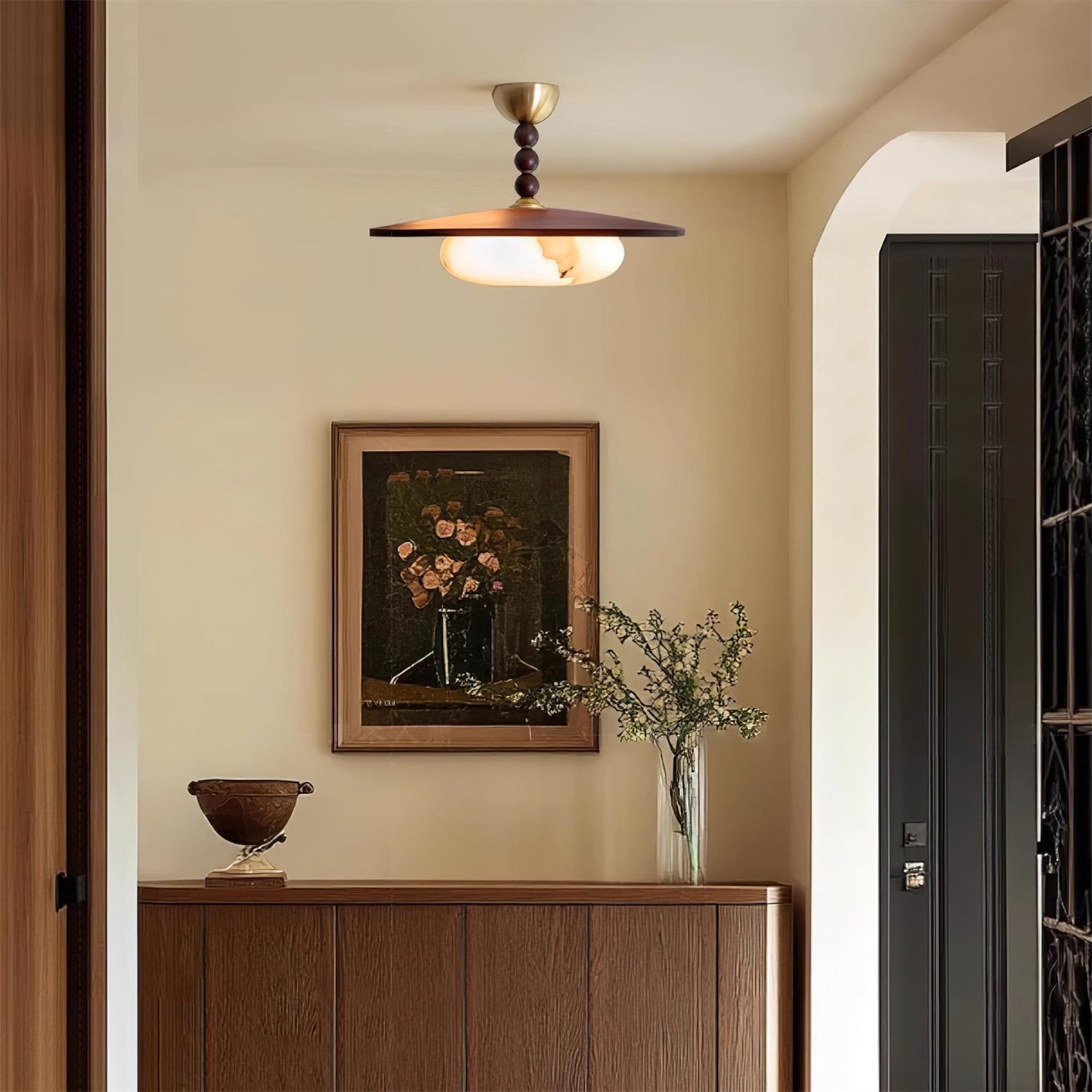 Midthos | Mid Century Houten Alabaster Koepel Inbouw Plafondlamp