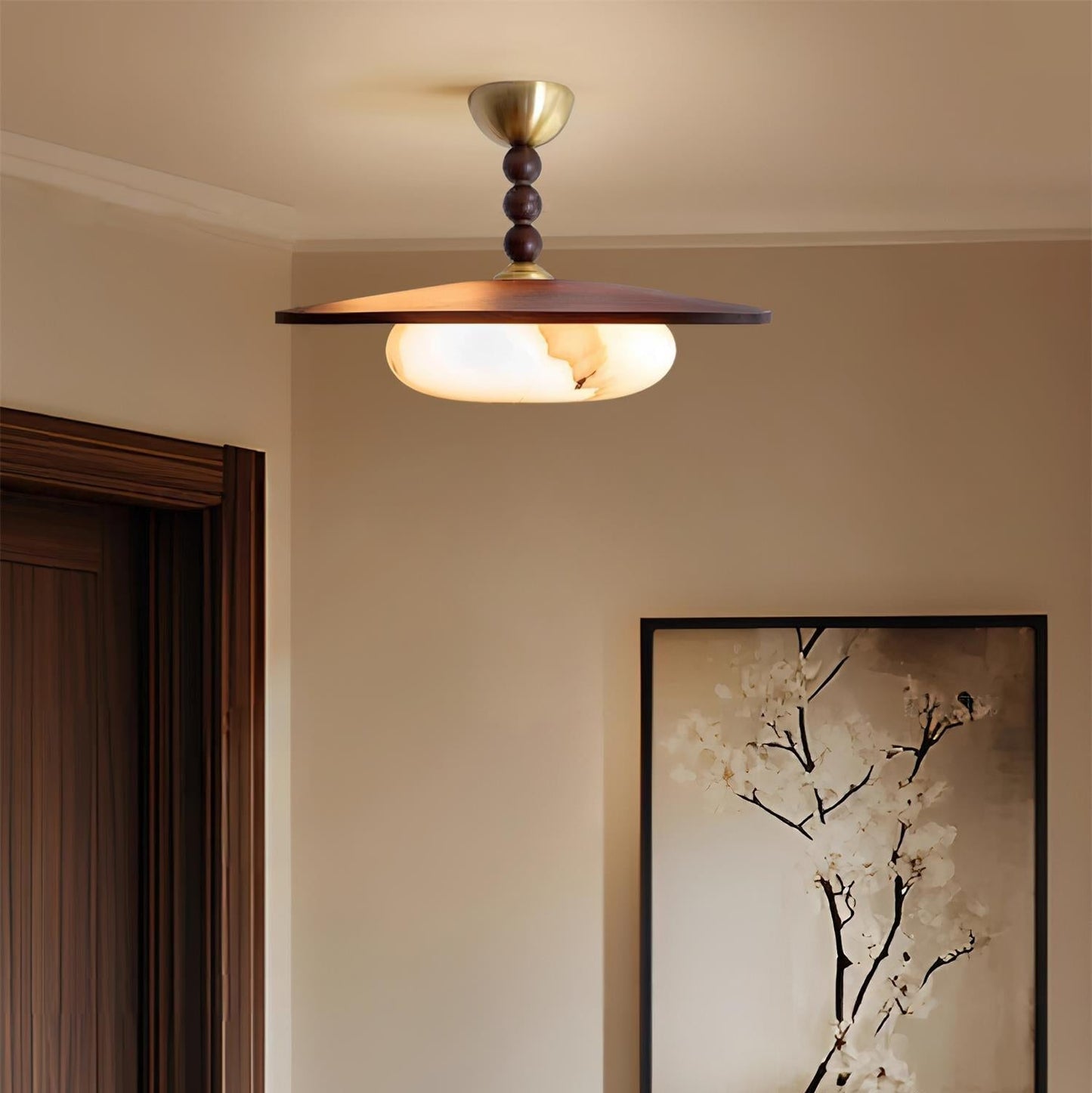 Midthos | Mid Century Houten Alabaster Koepel Inbouw Plafondlamp