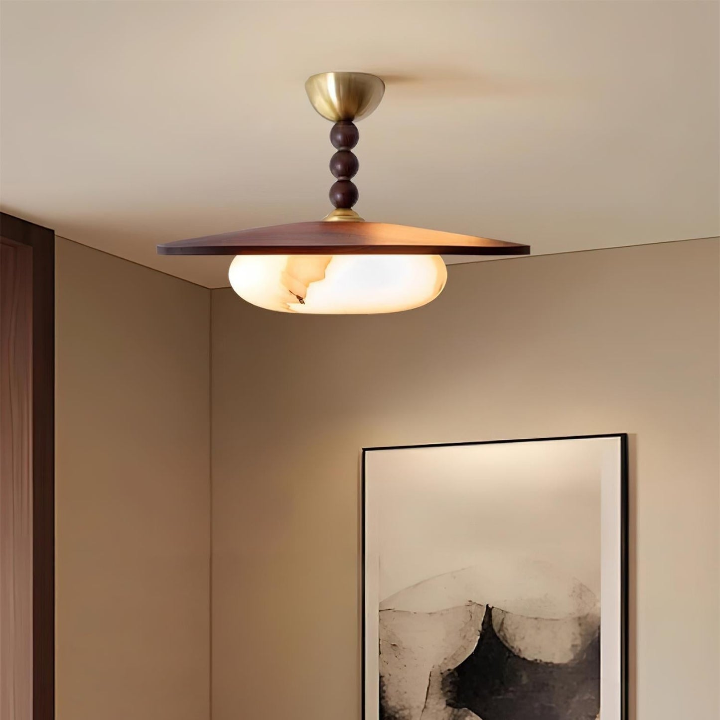 Midthos | Mid Century Houten Alabaster Koepel Inbouw Plafondlamp
