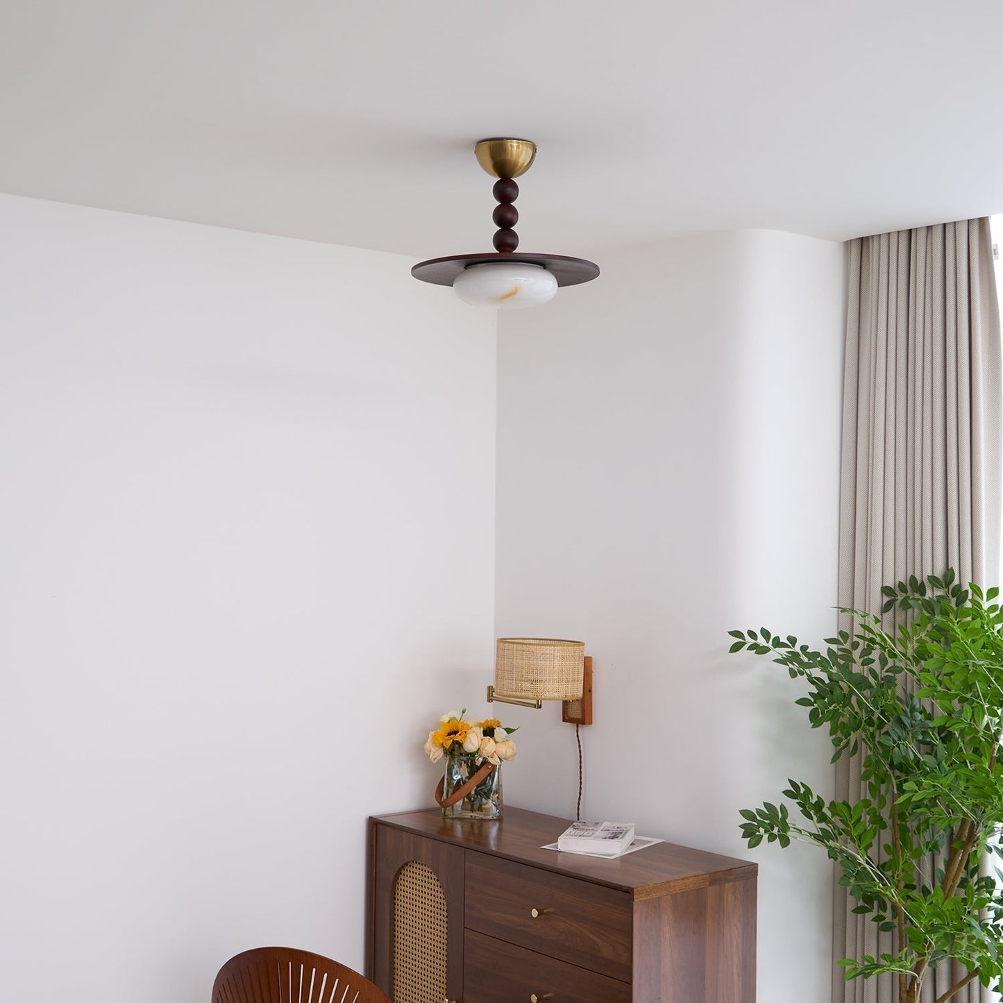 Midthos | Mid Century Houten Alabaster Koepel Inbouw Plafondlamp