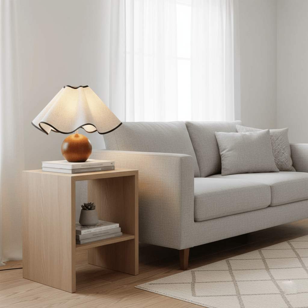 Meriloch | Sculpturale golf stoffen houten basis tafellamp