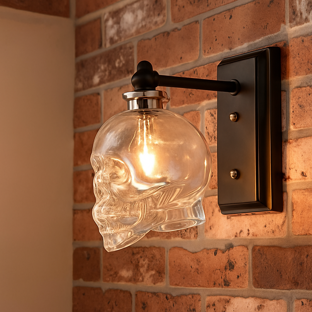 Glyndorre | Gegraveerde Schedel Sculpturale Glazen Wandlamp