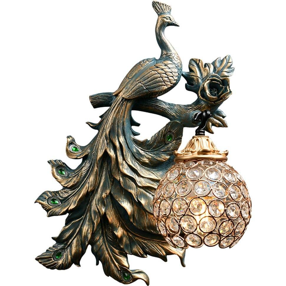 Meridian | Sculpturale Pauw Silhouet Glas-in-lood Wandlamp